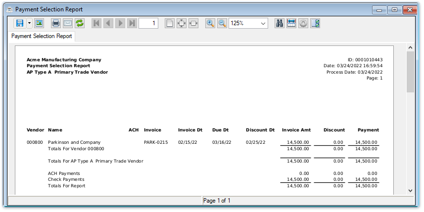 Payment Selection Report output