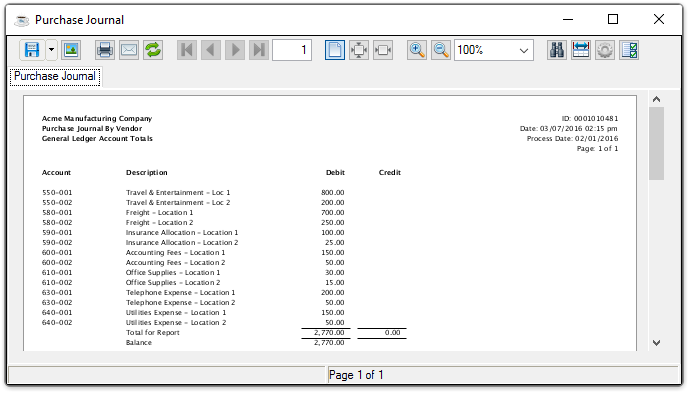 Sample Purchase Journal - GL Account Totals