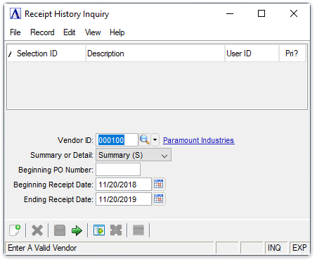 Vendor Receipt History Inquiry window
