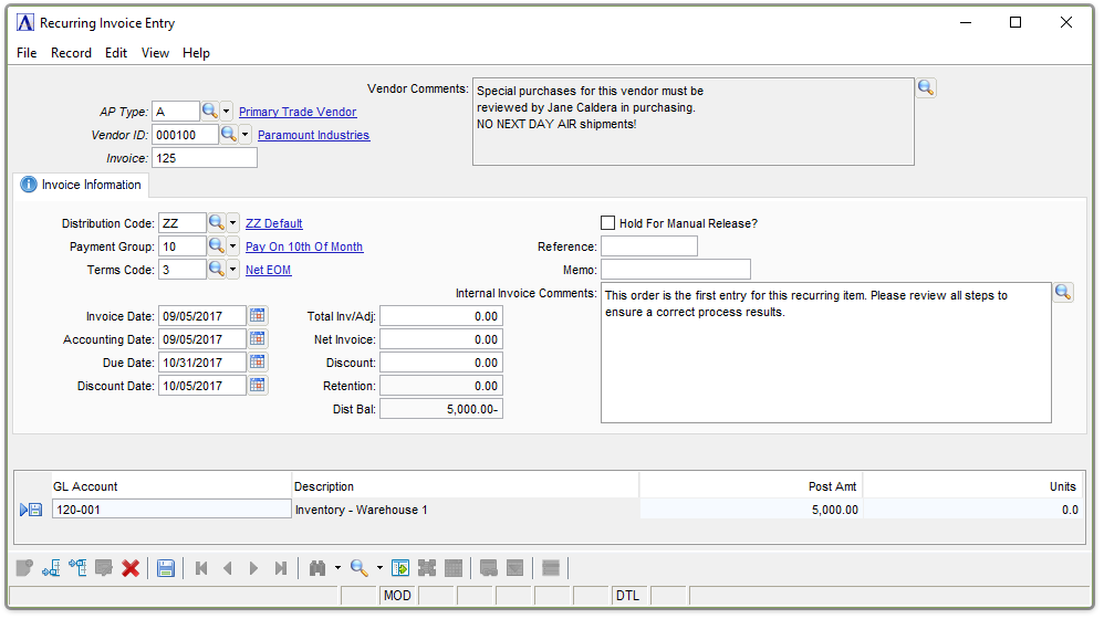 Recurring Invoice Entry Header