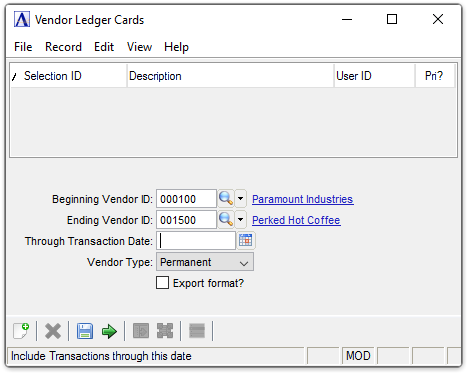 AP Vendor Ledger Cards menu