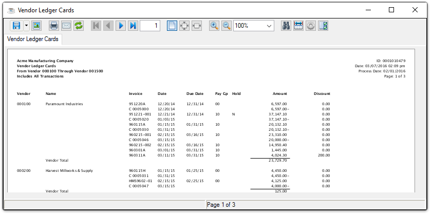 AP Vendor Ledger Cards report