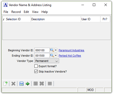 AP Vendor Name & Address Listing menu