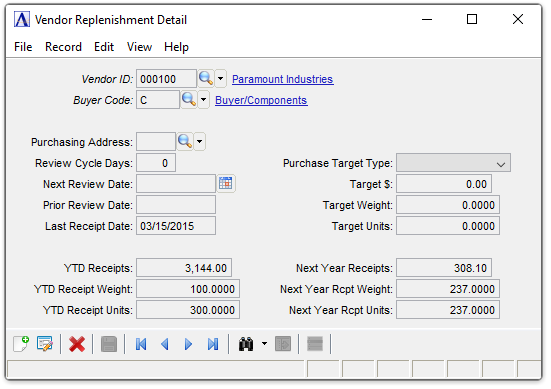 Vendor Replenishment Detail window