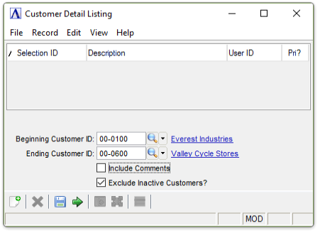 AR Customer Detail Listing menu