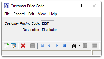 AR Customer Price Code Maintenance menu