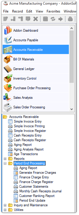 AR Period End Processing Menu