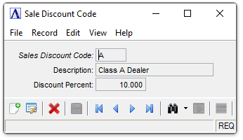 AR Sale Discount Code Maintenance menu