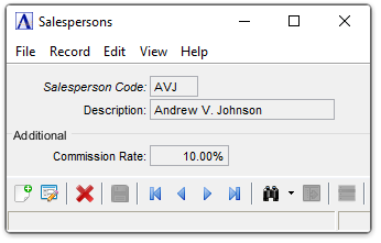 AR Salesperson Code Maintenance menu