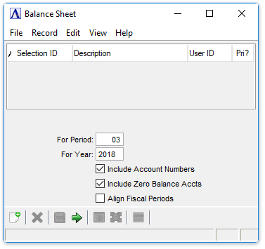 GL Balance Sheet Report menu