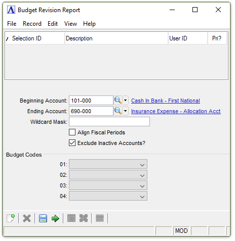 GL Budget Revision Report menu