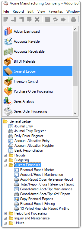Financial Menu Custom Financials Main Menu