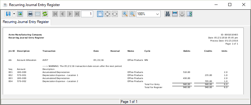 GL Recurring Journal Entry Register output