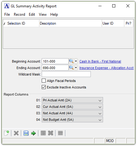 GL Summary Activity Report menu