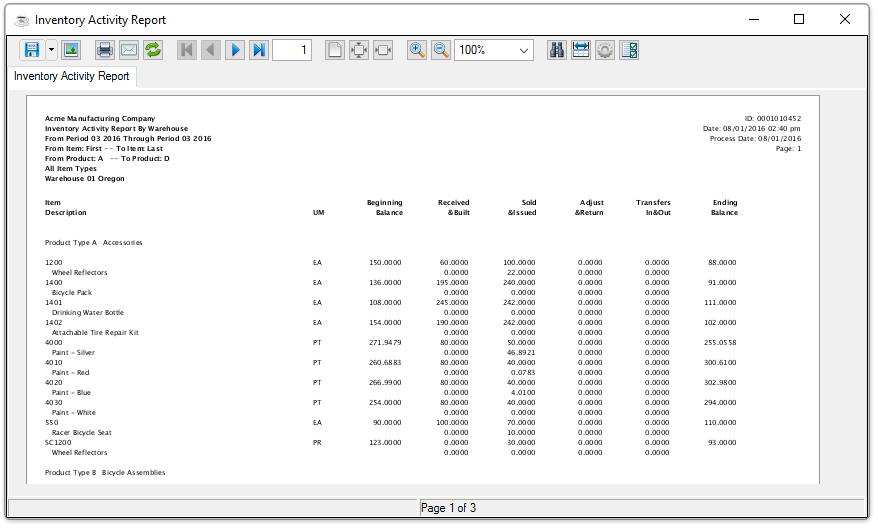 Inventory Activity Report output