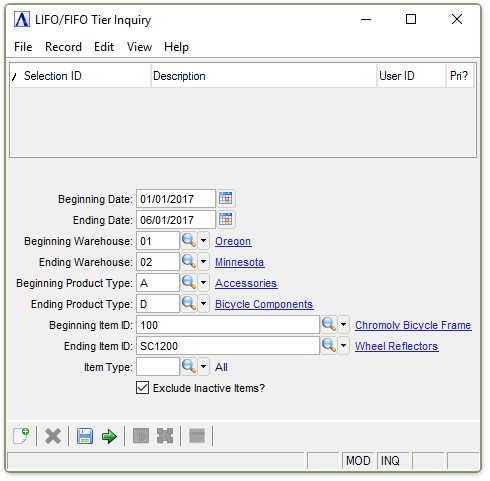 LIFO/FIFO Tier Report menu