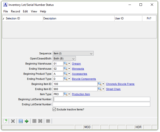 Lot/Serial Number Status Report menu