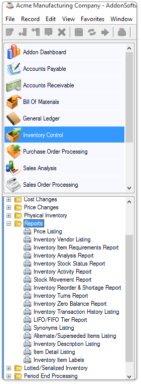 Inventory Reports Menu