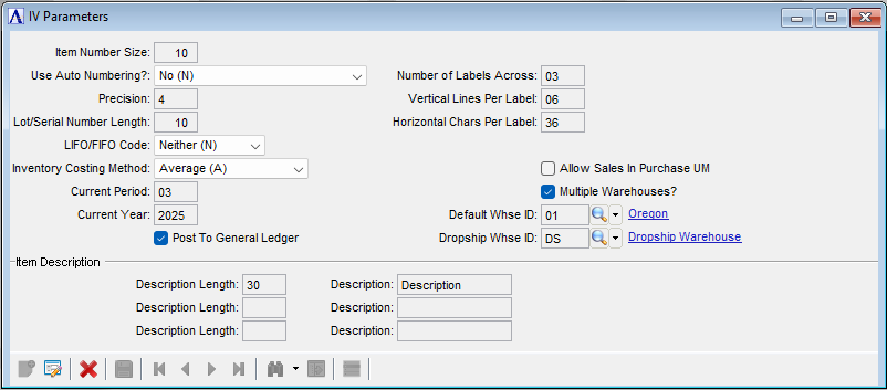 Inventory Maintenance Parameters Menu