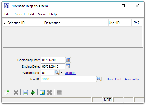 Purchase Reqs Item menu