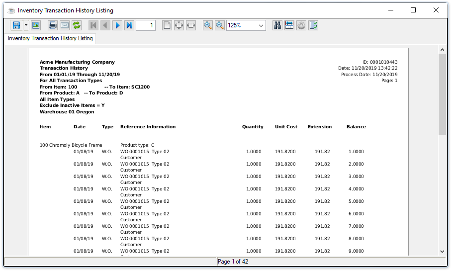 Inventory Transaction History Listing output
