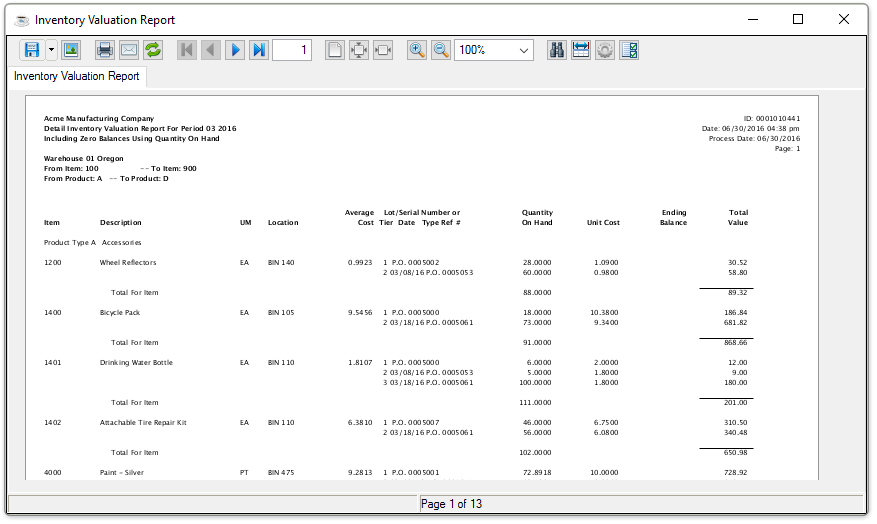Inventory Valuation Report output