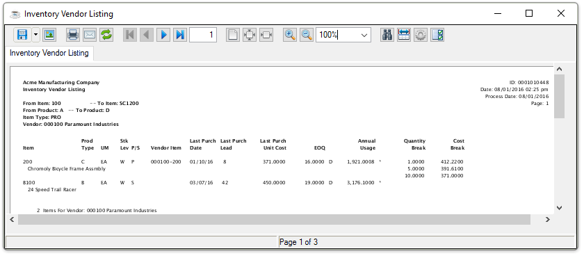 Inventory Vendor Listing output