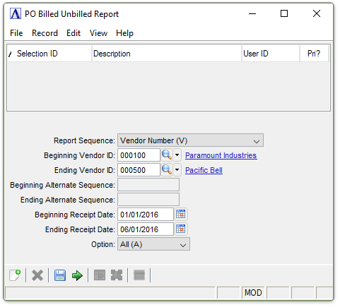 Billed/Unbilled PO Receipts Report menu