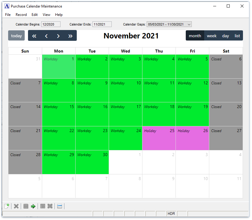 Purchase Calendar Maintenance menu