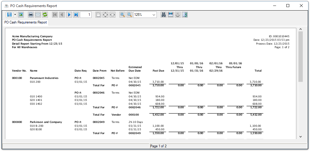 PO Cash Requirements Report output