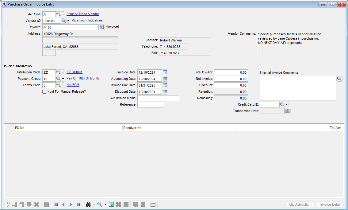 PO Invoice Header menu
