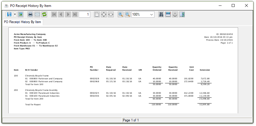PO Receipt History by Item Report output