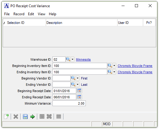 PO Receipt Cost Variance Report menu
