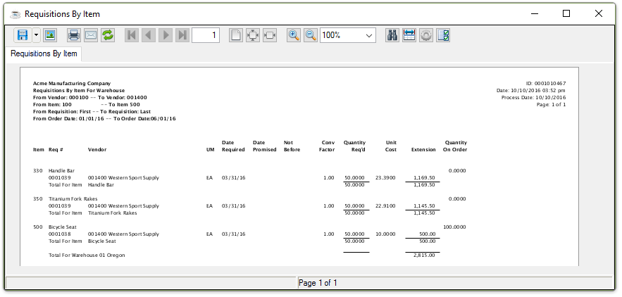 Requisitions by Item Report output