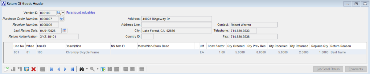 Return of Goods Header