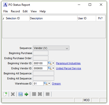 PO Status Report menu