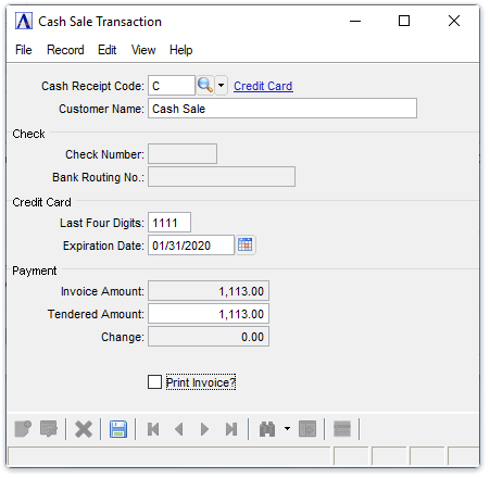 Cash Sale Transaction window
