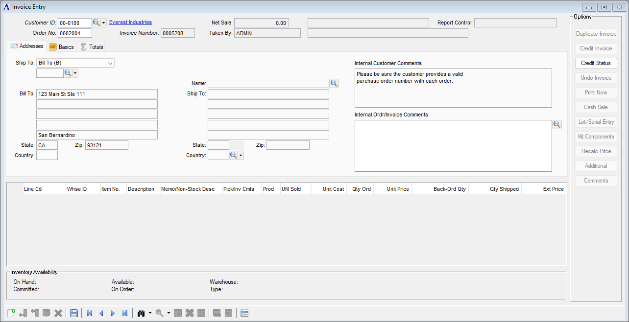 Invoice Entry Header