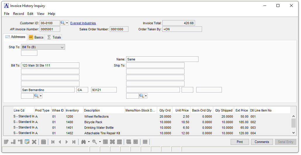 Invoice History Detail window