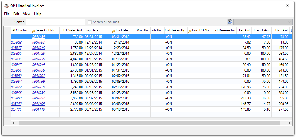 Invoice Inquiry window