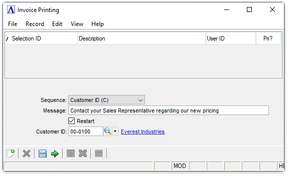 Invoice Printing window