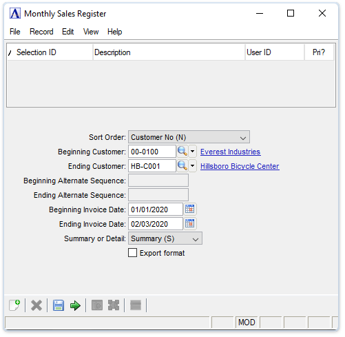 Monthly Sales Register window
