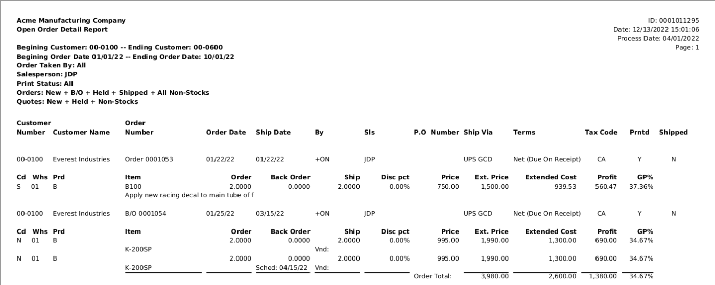 Open Order Detail Report