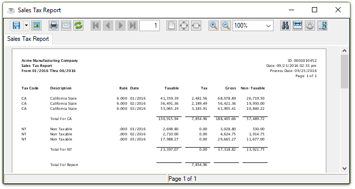 Sales Tax Report output