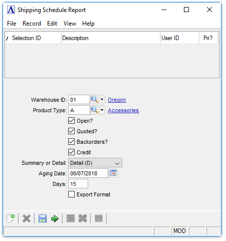 Shipping Schedule Report window