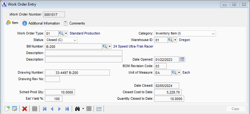 Work Order Entry - Item tab