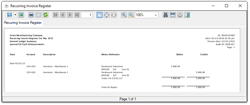 Recurring Invoice Register, GL Summary