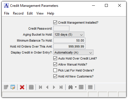 AR Credit Management Parameters menu