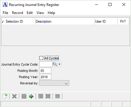 GL Recurring Journal Entry Register menu