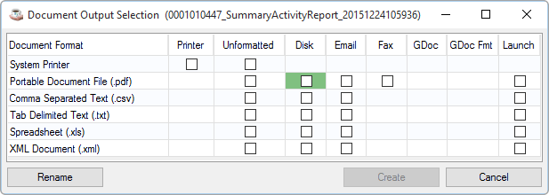 Document Output Selection form